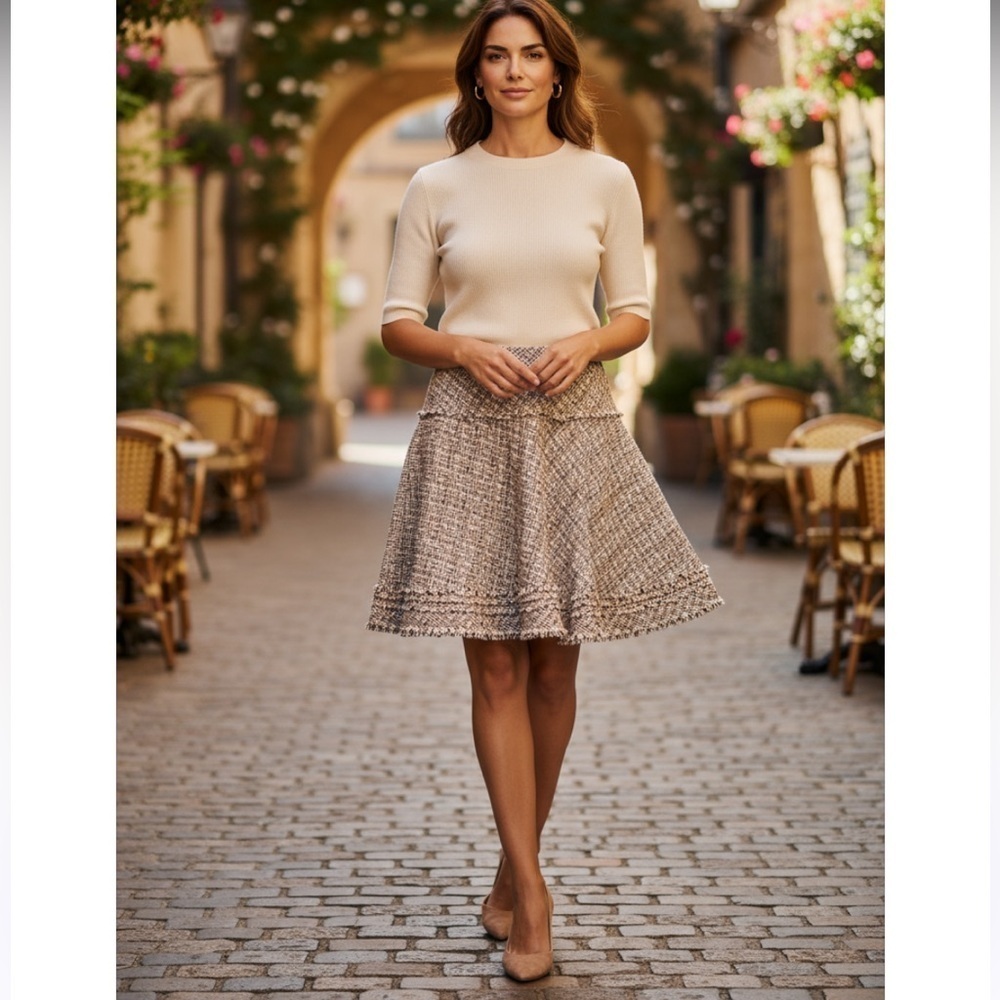 Lafayette 148 New York Women's A-Line Flounce Skirt Tweed Beige White Black Line